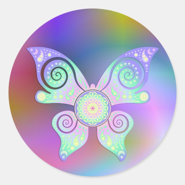 Sticker Rond Fleur de vie / Blume des Lebens - papillon (Devant)