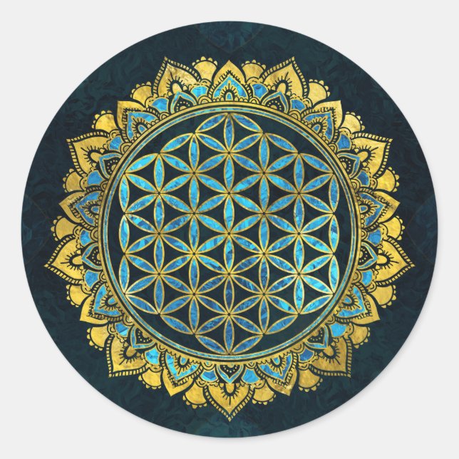 Sticker Rond Fleur de vie or et verre à texture bleue (Devant)