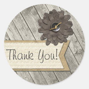 Sticker Rond Fleur en tissu à bouton en bois rustique Merci en 