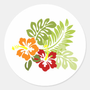 Sticker Rond Fleur Feuilles tropicaux Hibiscus Hawaii Rouge Ora