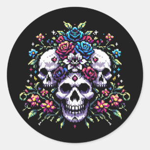 Sticker Rond Fleur gothique - Mystique floral crâne Pixel Art