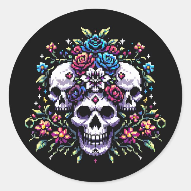Sticker Rond Fleur gothique - Mystique floral crâne Pixel Art (Devant)