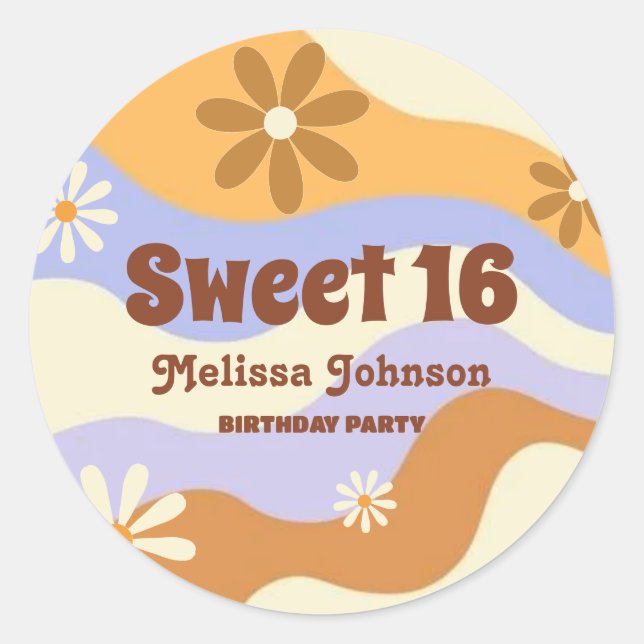 Sticker Rond Fleur hippie colorée Retro Super Sweet 16 (Devant)