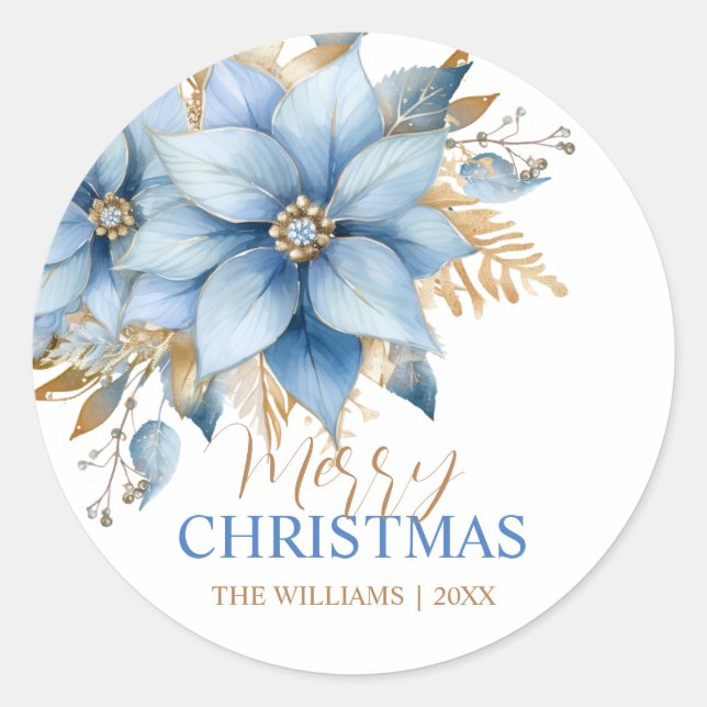 Sticker Rond Fleur Icy Blue Gold Poinsettia Noël (Devant)