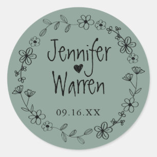 Sticker Rond Fleur Main Levée Wreath Personnalisé Vert
