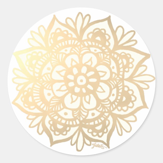 Sticker Rond Fleur Mandala d'or jaune (Devant)