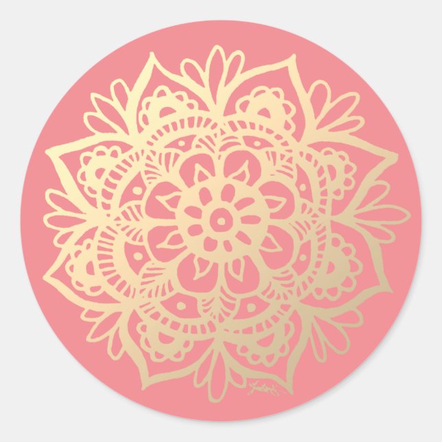 Sticker Rond Fleur Mandala or et rose (Devant)