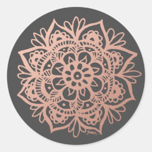 Sticker Rond Fleur Mandala rose or rose sur gris