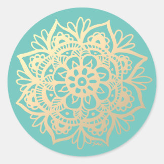 Sticker Rond Fleur Mandala Turquoise et or
