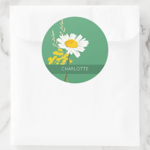 Sticker Rond Fleur marguerite blanche Nom personnalisé