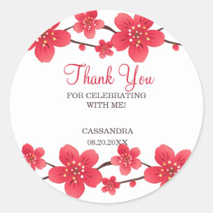 Sticker Rond Fleur moderne rouge cerise fleurs Sakura Merci