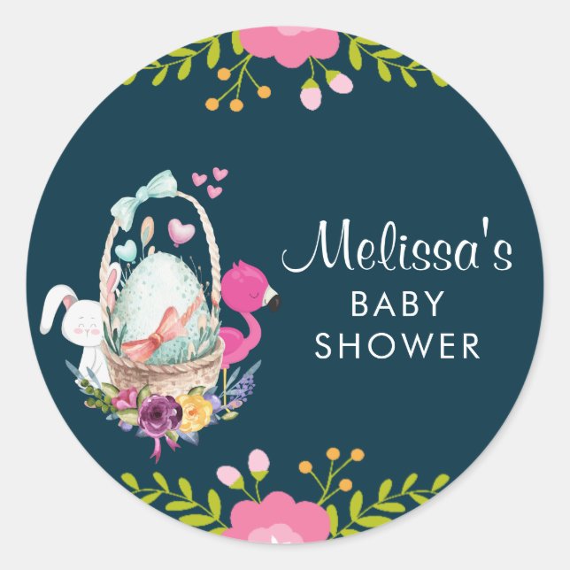 Sticker Rond Fleur, Oeuf, Baby shower Flamant rose (Devant)