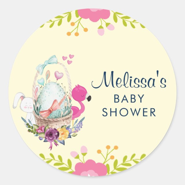 Sticker Rond Fleur, Oeuf, Baby shower Flamant rose (Devant)