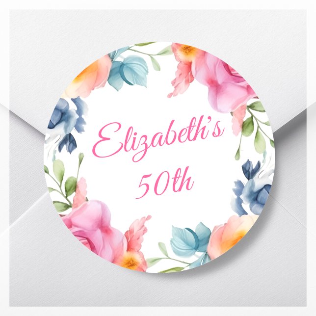 Sticker Rond Fleur rose 50e anniversaire Fête Faveur (Créateur téléchargé)