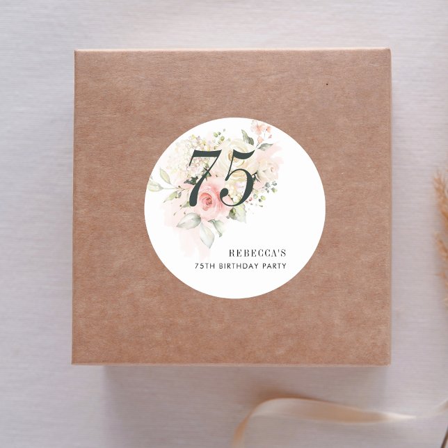 Sticker Rond Fleur rose 75e fête d'anniversaire (Pink Floral 75th Birthday Party Classic Round Sticker)
