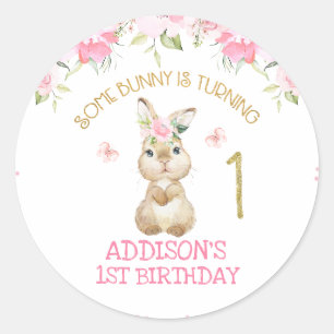 Sticker Rond Fleur rose Bunny Or Bunny un premier anniversaire