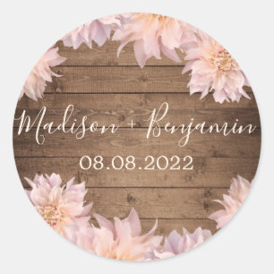 Sticker Rond Fleur rose Dahlia Mariage en bois rustique Date