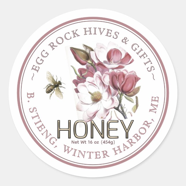 Sticker Rond Fleur rose Magnolia Editable Miel Jar Bee Étiquett (Devant)