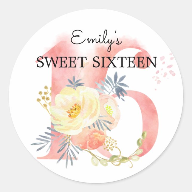 Sticker Rond Fleur rose sweet sixteen bleu Numéro 16 Personnali (Devant)
