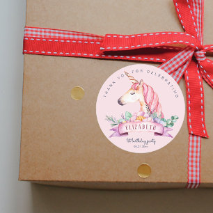 Sticker Rond Fleur rose Unicorn Girl Cadeau Anniversaire