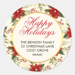 Sticker Rond Fleur Rouge Poinsettia Joyeuses Fêtes Noël