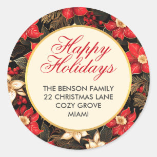 Sticker Rond Fleur Rouge Poinsettia Joyeuses Fêtes Noël