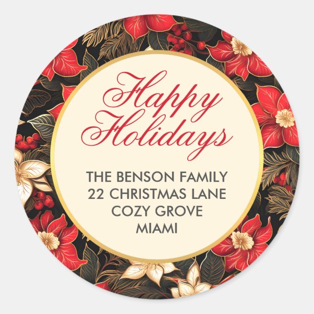 Sticker Rond Fleur Rouge Poinsettia Joyeuses Fêtes Noël (Devant)
