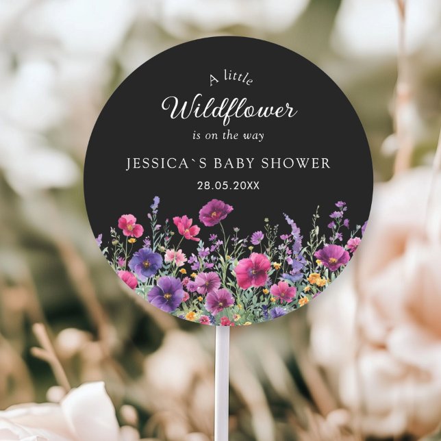 Sticker Rond Fleur sauvage, Baby shower à fleurs violettes (Personalized, Wildflower, Purple-Pink-Flower Baby Shower Classic Round Sticker with your Name & Date)