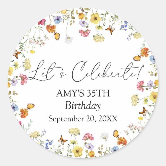 Sticker Rond Fleur sauvage Boho Floral Fêtons l'anniversaire (Devant)