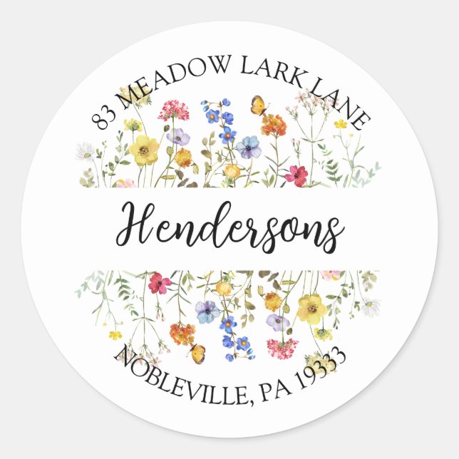 Sticker Rond Fleur sauvage Butterfly Floral Boho Adresse (Devant)