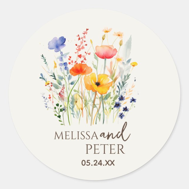 Sticker Rond Fleur sauvage couleur Monogramme beige Mariage pho (Devant)