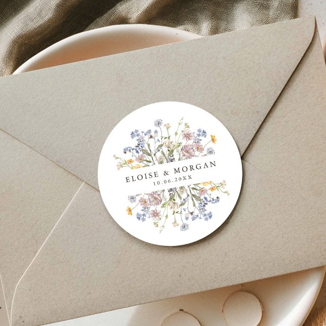 Sticker Rond Fleur sauvage de printemps coloré Meadow Garden Ma (Colorful Spring Wildflower Meadow Garden Wedding Classic Round envelope seal Sticker )