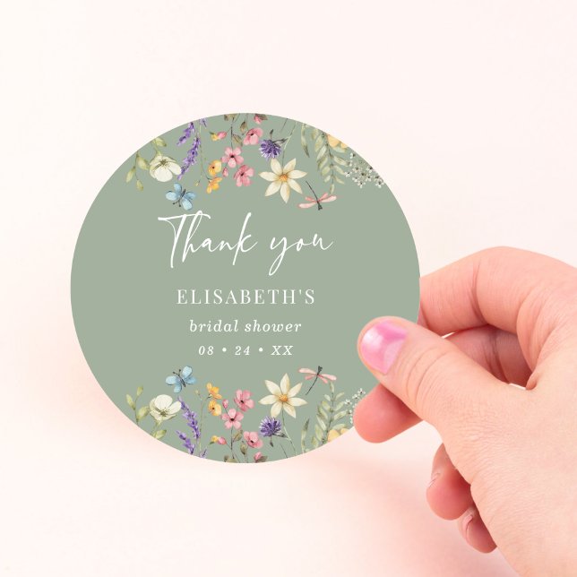 Sticker Rond Fleur sauvage et papillon Sage Fête des mariées ve (Créateur téléchargé)