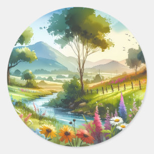 Sticker Rond Fleur sauvage et ruisseau dans la vallée de Spring