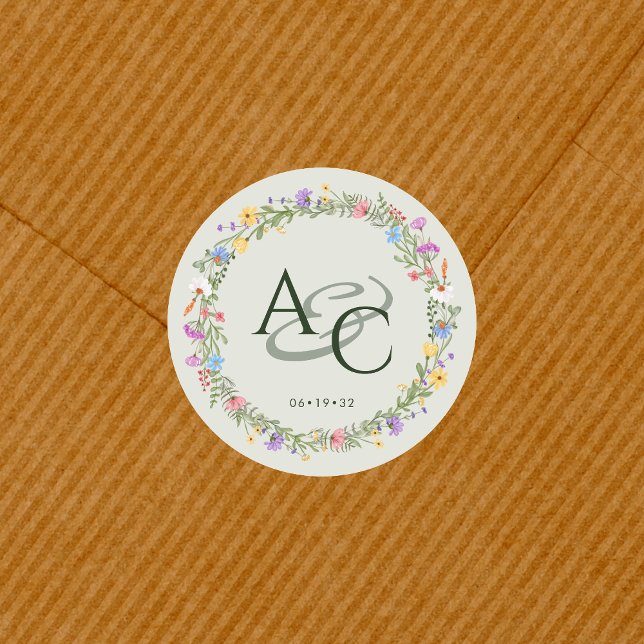 Sticker Rond Fleur sauvage moderne Russe Mariage Monogramme (Créateur téléchargé)