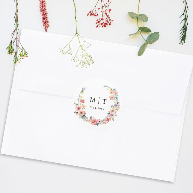 Sticker Rond Fleur sauvage Printemps Été Mariage Monogramme (Créateur téléchargé)