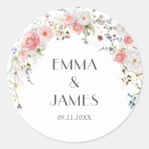 Sticker Rond Fleur sauvage rose blanc Mariage
