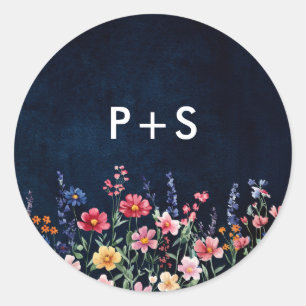 Sticker Rond Fleur sauvage Rustique Pays Boho Floral Marine Mar