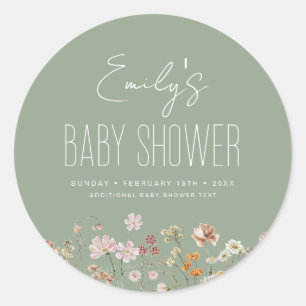 Sticker Rond Fleur sauvage Sage Green Baby shower Boho En Fleur