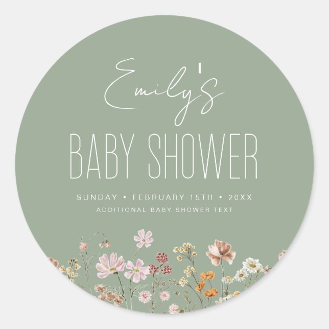 Sticker Rond Fleur sauvage Sage Green Baby shower Boho En Fleur (Devant)