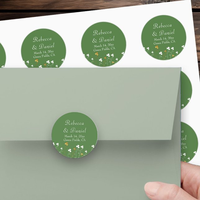 Sticker Rond Fleur sauvage shamrock Vert Mariage or  (Green wedding stickers from my Shamrock Wildflower wedding collection)