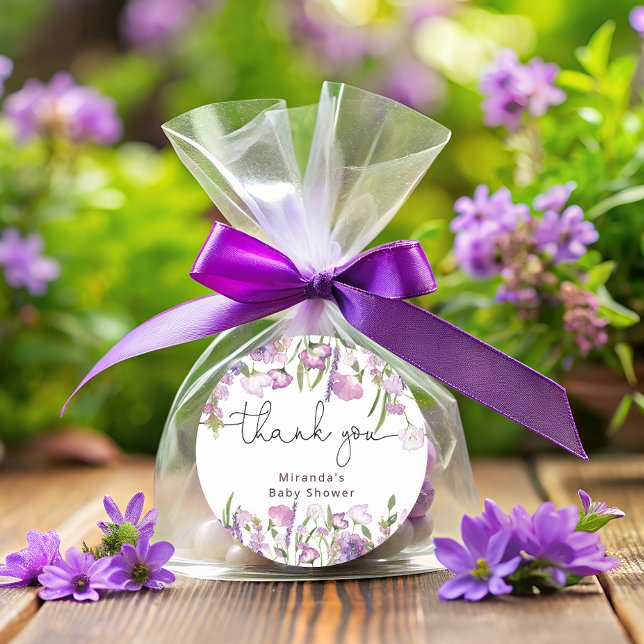 Sticker rond Fleur sauvage violet Merci classique (Créateur téléchargé)