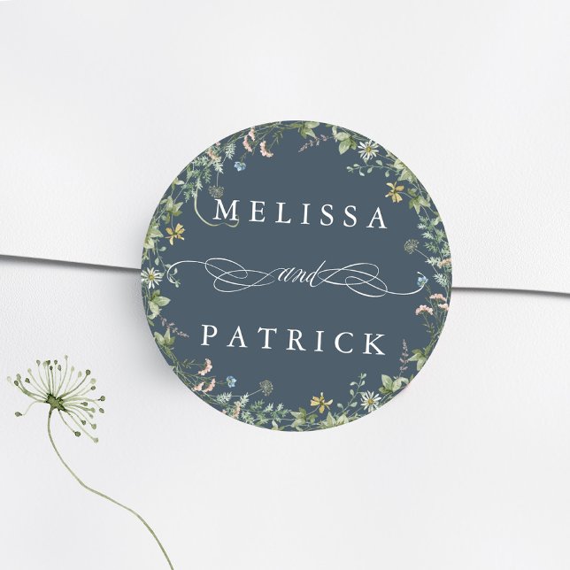 Sticker Rond Fleur sauvage Wreath Élégant mariage bleu marine (Créateur téléchargé)