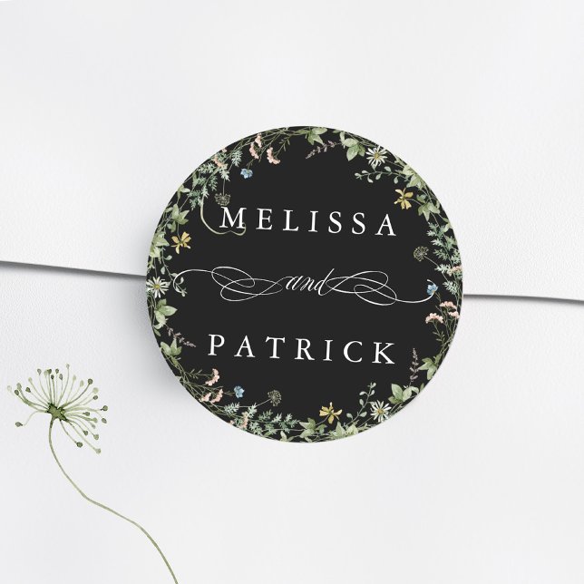 Sticker Rond Fleur sauvage Wreath Élégant mariage noir (Créateur téléchargé)