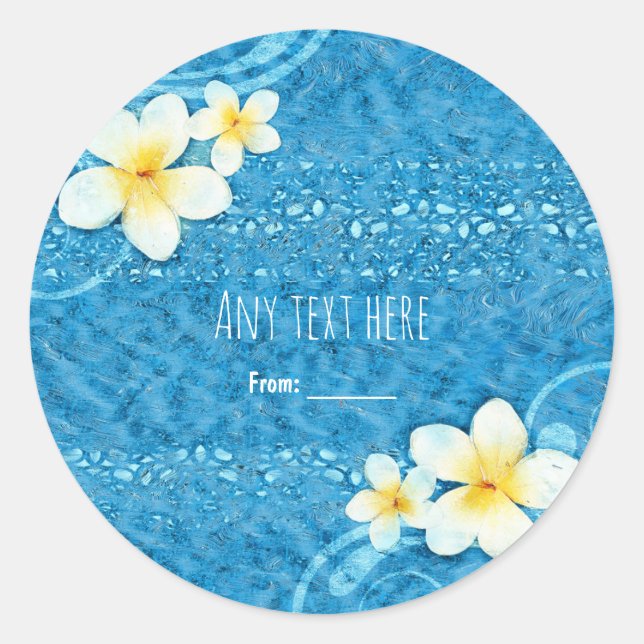 Sticker Rond Fleur Tropical Plumeria Bleu Summer Party Favorise (Devant)