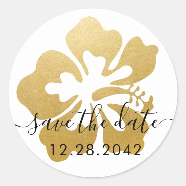 Sticker Rond Fleur Tropicale d'Hibiscus Doré Économisez la Date (Devant)