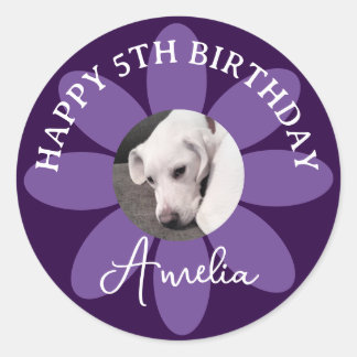 Sticker Rond Fleur violette Chien blanc mignon Photo 5e anniver