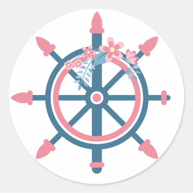 Sticker Rond Fleuron Nautique Floral Roue Rose Et Fleurs Bleues (Devant)