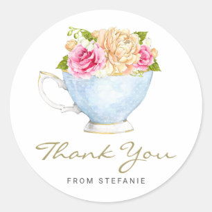 Sticker Rond Fleurs à l'aquarelle dans une tasse de thé Merci p