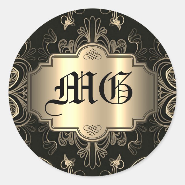 Sticker Rond Fleurs abstraites monogrammes noires et or   (Devant)